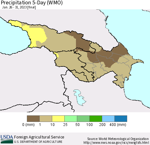 Azerbaijan, Armenia and Georgia Precipitation 5-Day (WMO) Thematic Map For 1/26/2023 - 1/31/2023