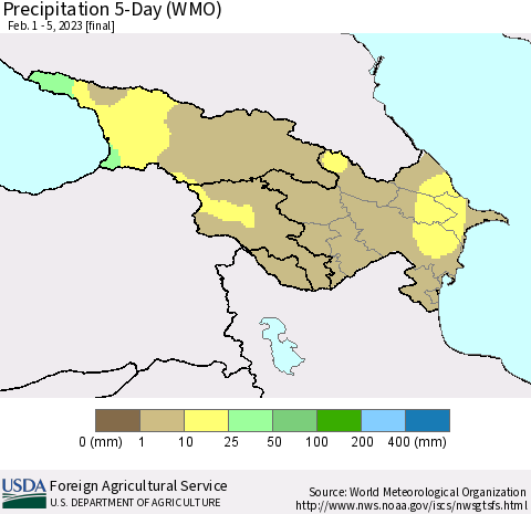 Azerbaijan, Armenia and Georgia Precipitation 5-Day (WMO) Thematic Map For 2/1/2023 - 2/5/2023