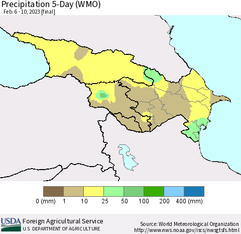 Azerbaijan, Armenia and Georgia Precipitation 5-Day (WMO) Thematic Map For 2/6/2023 - 2/10/2023