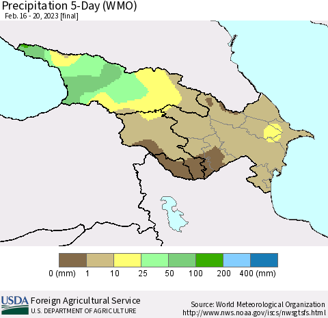 Azerbaijan, Armenia and Georgia Precipitation 5-Day (WMO) Thematic Map For 2/16/2023 - 2/20/2023