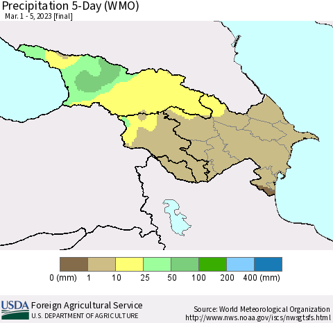 Azerbaijan, Armenia and Georgia Precipitation 5-Day (WMO) Thematic Map For 3/1/2023 - 3/5/2023