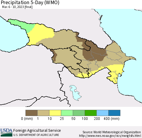 Azerbaijan, Armenia and Georgia Precipitation 5-Day (WMO) Thematic Map For 3/6/2023 - 3/10/2023