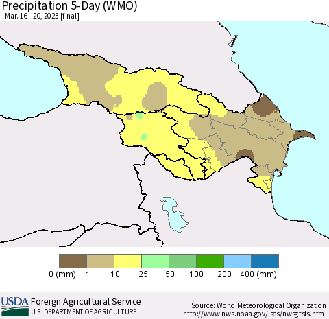 Azerbaijan, Armenia and Georgia Precipitation 5-Day (WMO) Thematic Map For 3/16/2023 - 3/20/2023