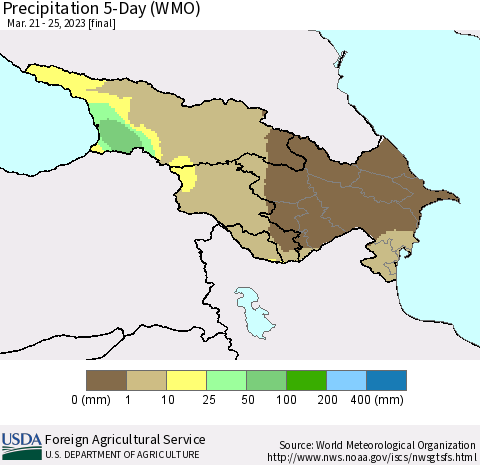 Azerbaijan, Armenia and Georgia Precipitation 5-Day (WMO) Thematic Map For 3/21/2023 - 3/25/2023