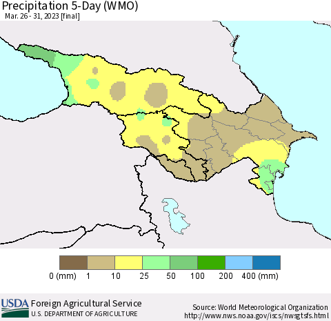 Azerbaijan, Armenia and Georgia Precipitation 5-Day (WMO) Thematic Map For 3/26/2023 - 3/31/2023