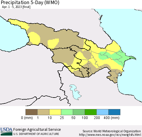 Azerbaijan, Armenia and Georgia Precipitation 5-Day (WMO) Thematic Map For 4/1/2023 - 4/5/2023