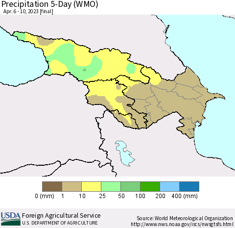 Azerbaijan, Armenia and Georgia Precipitation 5-Day (WMO) Thematic Map For 4/6/2023 - 4/10/2023