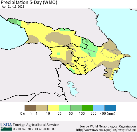Azerbaijan, Armenia and Georgia Precipitation 5-Day (WMO) Thematic Map For 4/11/2023 - 4/15/2023