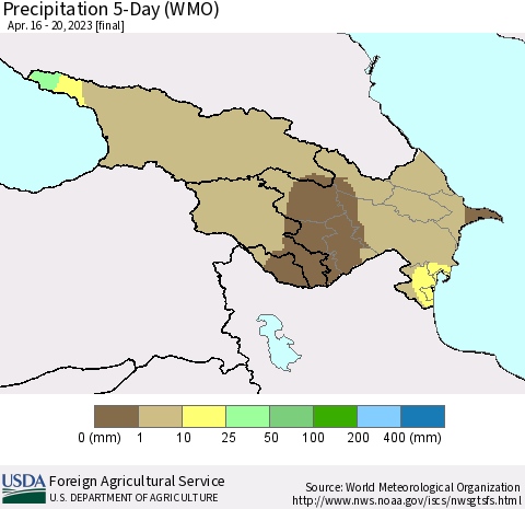 Azerbaijan, Armenia and Georgia Precipitation 5-Day (WMO) Thematic Map For 4/16/2023 - 4/20/2023