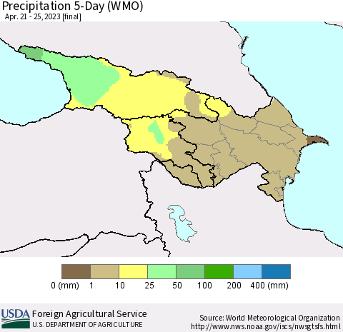Azerbaijan, Armenia and Georgia Precipitation 5-Day (WMO) Thematic Map For 4/21/2023 - 4/25/2023