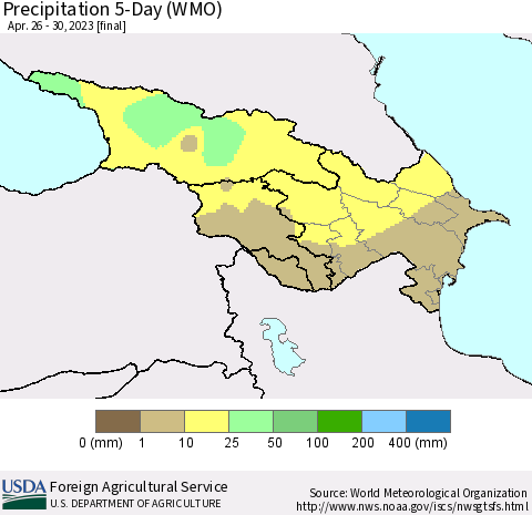 Azerbaijan, Armenia and Georgia Precipitation 5-Day (WMO) Thematic Map For 4/26/2023 - 4/30/2023