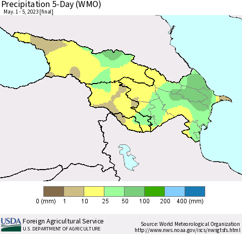 Azerbaijan, Armenia and Georgia Precipitation 5-Day (WMO) Thematic Map For 5/1/2023 - 5/5/2023