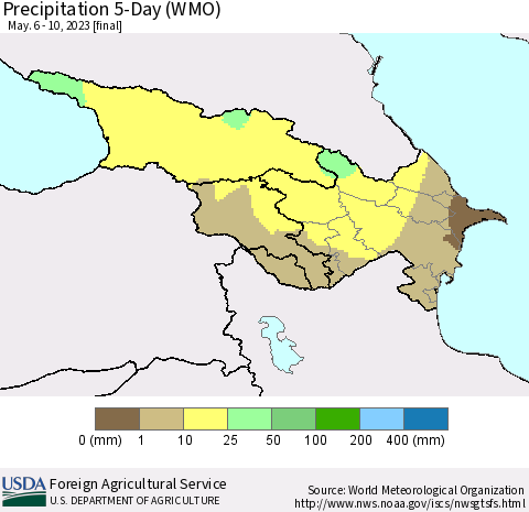 Azerbaijan, Armenia and Georgia Precipitation 5-Day (WMO) Thematic Map For 5/6/2023 - 5/10/2023