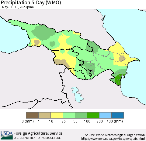 Azerbaijan, Armenia and Georgia Precipitation 5-Day (WMO) Thematic Map For 5/11/2023 - 5/15/2023