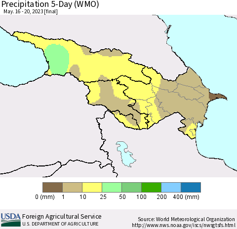 Azerbaijan, Armenia and Georgia Precipitation 5-Day (WMO) Thematic Map For 5/16/2023 - 5/20/2023