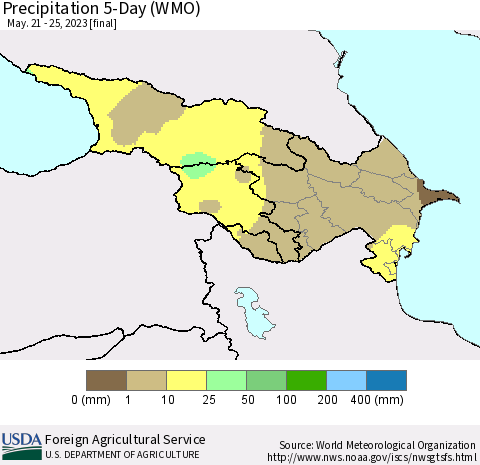 Azerbaijan, Armenia and Georgia Precipitation 5-Day (WMO) Thematic Map For 5/21/2023 - 5/25/2023