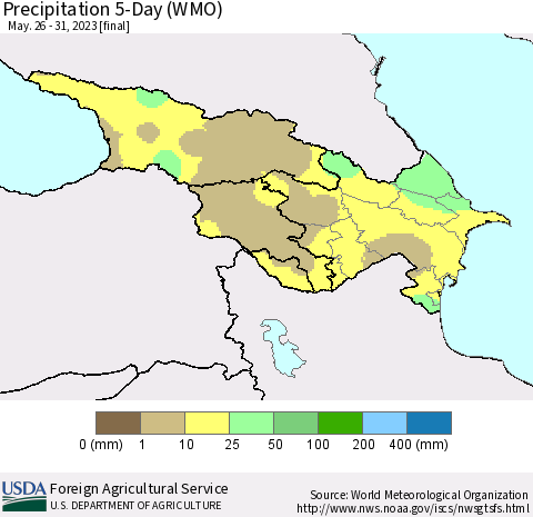 Azerbaijan, Armenia and Georgia Precipitation 5-Day (WMO) Thematic Map For 5/26/2023 - 5/31/2023