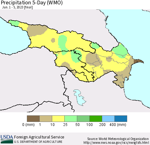 Azerbaijan, Armenia and Georgia Precipitation 5-Day (WMO) Thematic Map For 6/1/2023 - 6/5/2023