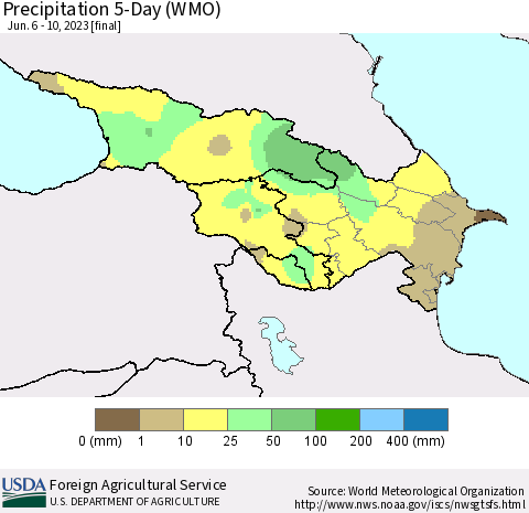 Azerbaijan, Armenia and Georgia Precipitation 5-Day (WMO) Thematic Map For 6/6/2023 - 6/10/2023