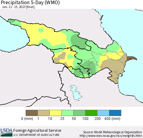 Azerbaijan, Armenia and Georgia Precipitation 5-Day (WMO) Thematic Map For 6/11/2023 - 6/15/2023