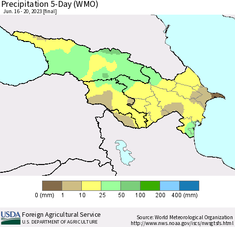 Azerbaijan, Armenia and Georgia Precipitation 5-Day (WMO) Thematic Map For 6/16/2023 - 6/20/2023