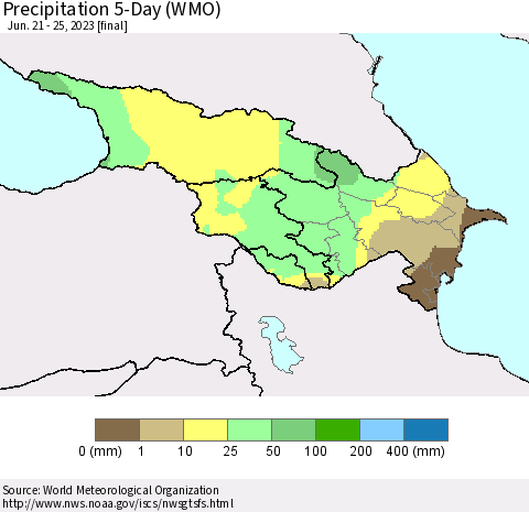 Azerbaijan, Armenia and Georgia Precipitation 5-Day (WMO) Thematic Map For 6/21/2023 - 6/25/2023