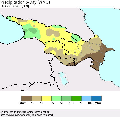 Azerbaijan, Armenia and Georgia Precipitation 5-Day (WMO) Thematic Map For 6/26/2023 - 6/30/2023
