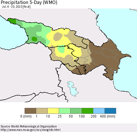 Azerbaijan, Armenia and Georgia Precipitation 5-Day (WMO) Thematic Map For 7/6/2023 - 7/10/2023