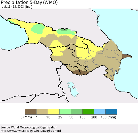 Azerbaijan, Armenia and Georgia Precipitation 5-Day (WMO) Thematic Map For 7/11/2023 - 7/15/2023