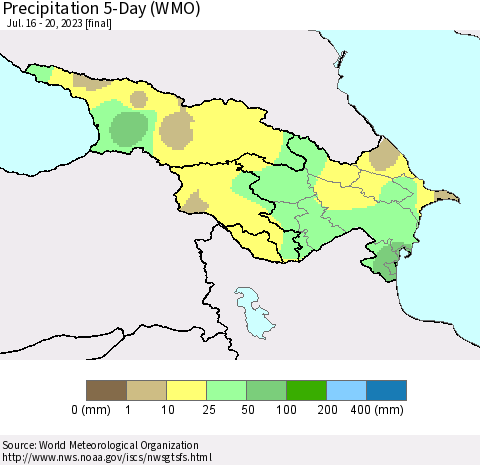 Azerbaijan, Armenia and Georgia Precipitation 5-Day (WMO) Thematic Map For 7/16/2023 - 7/20/2023