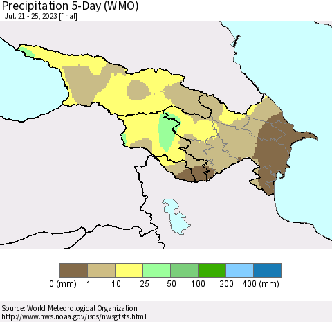 Azerbaijan, Armenia and Georgia Precipitation 5-Day (WMO) Thematic Map For 7/21/2023 - 7/25/2023