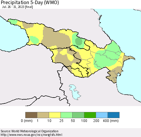 Azerbaijan, Armenia and Georgia Precipitation 5-Day (WMO) Thematic Map For 7/26/2023 - 7/31/2023
