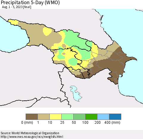 Azerbaijan, Armenia and Georgia Precipitation 5-Day (WMO) Thematic Map For 8/1/2023 - 8/5/2023