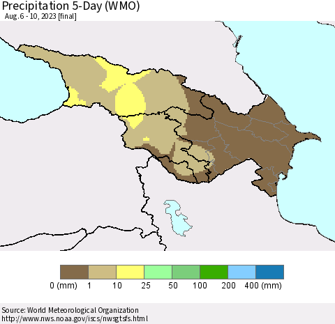 Azerbaijan, Armenia and Georgia Precipitation 5-Day (WMO) Thematic Map For 8/6/2023 - 8/10/2023