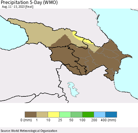 Azerbaijan, Armenia and Georgia Precipitation 5-Day (WMO) Thematic Map For 8/11/2023 - 8/15/2023