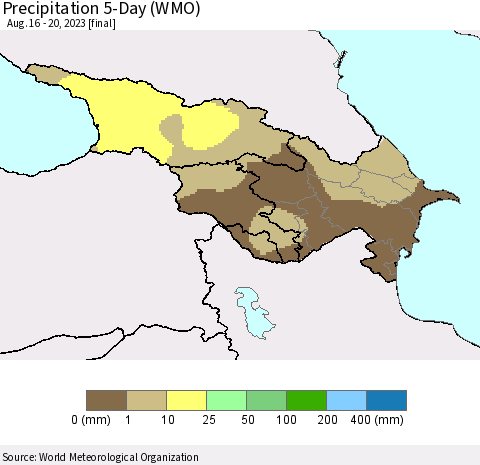 Azerbaijan, Armenia and Georgia Precipitation 5-Day (WMO) Thematic Map For 8/16/2023 - 8/20/2023