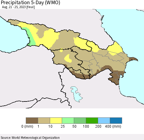 Azerbaijan, Armenia and Georgia Precipitation 5-Day (WMO) Thematic Map For 8/21/2023 - 8/25/2023