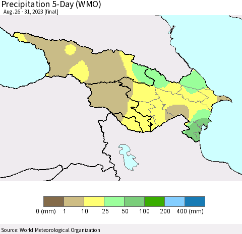 Azerbaijan, Armenia and Georgia Precipitation 5-Day (WMO) Thematic Map For 8/26/2023 - 8/31/2023