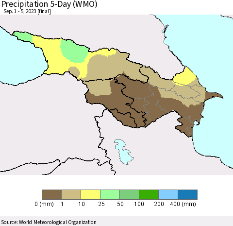 Azerbaijan, Armenia and Georgia Precipitation 5-Day (WMO) Thematic Map For 9/1/2023 - 9/5/2023