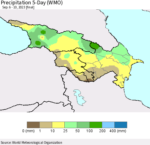Azerbaijan, Armenia and Georgia Precipitation 5-Day (WMO) Thematic Map For 9/6/2023 - 9/10/2023