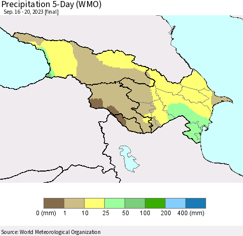 Azerbaijan, Armenia and Georgia Precipitation 5-Day (WMO) Thematic Map For 9/16/2023 - 9/20/2023
