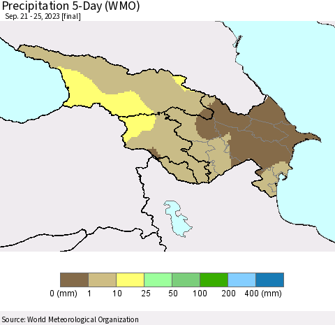 Azerbaijan, Armenia and Georgia Precipitation 5-Day (WMO) Thematic Map For 9/21/2023 - 9/25/2023