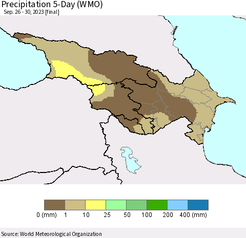 Azerbaijan, Armenia and Georgia Precipitation 5-Day (WMO) Thematic Map For 9/26/2023 - 9/30/2023