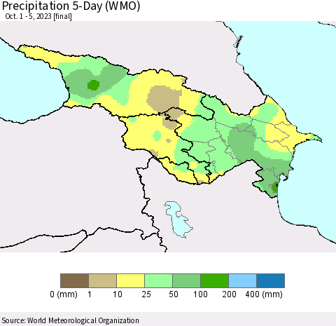 Azerbaijan, Armenia and Georgia Precipitation 5-Day (WMO) Thematic Map For 10/1/2023 - 10/5/2023