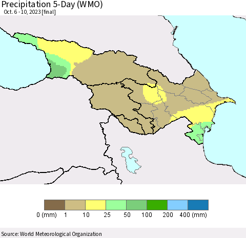 Azerbaijan, Armenia and Georgia Precipitation 5-Day (WMO) Thematic Map For 10/6/2023 - 10/10/2023