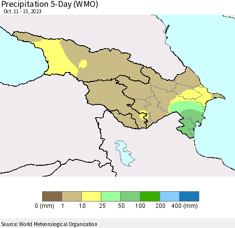 Azerbaijan, Armenia and Georgia Precipitation 5-Day (WMO) Thematic Map For 10/11/2023 - 10/15/2023