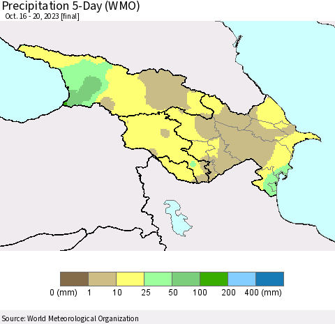 Azerbaijan, Armenia and Georgia Precipitation 5-Day (WMO) Thematic Map For 10/16/2023 - 10/20/2023