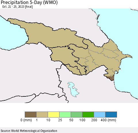 Azerbaijan, Armenia and Georgia Precipitation 5-Day (WMO) Thematic Map For 10/21/2023 - 10/25/2023
