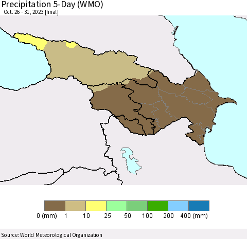 Azerbaijan, Armenia and Georgia Precipitation 5-Day (WMO) Thematic Map For 10/26/2023 - 10/31/2023