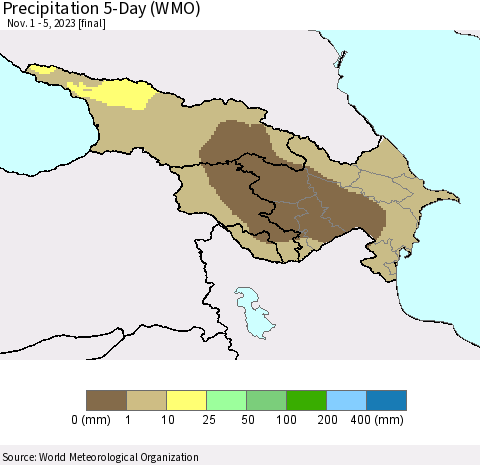 Azerbaijan, Armenia and Georgia Precipitation 5-Day (WMO) Thematic Map For 11/1/2023 - 11/5/2023